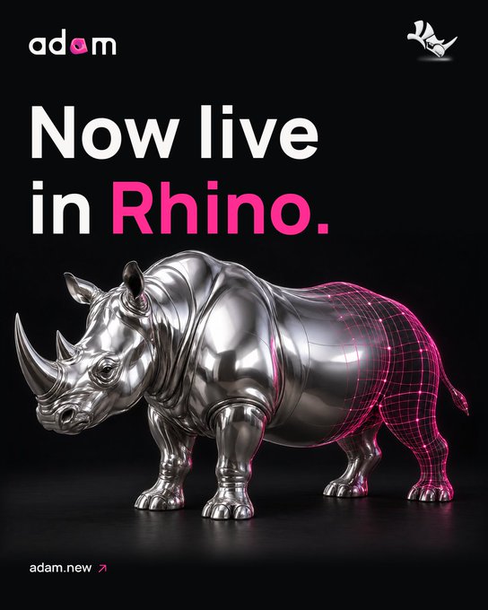 A promotional graphic with a black background featuring a 3D rendered silver and neon pink wireframe rhino, with text reading "Now live in Rhino." and the "adam" logo at the top.