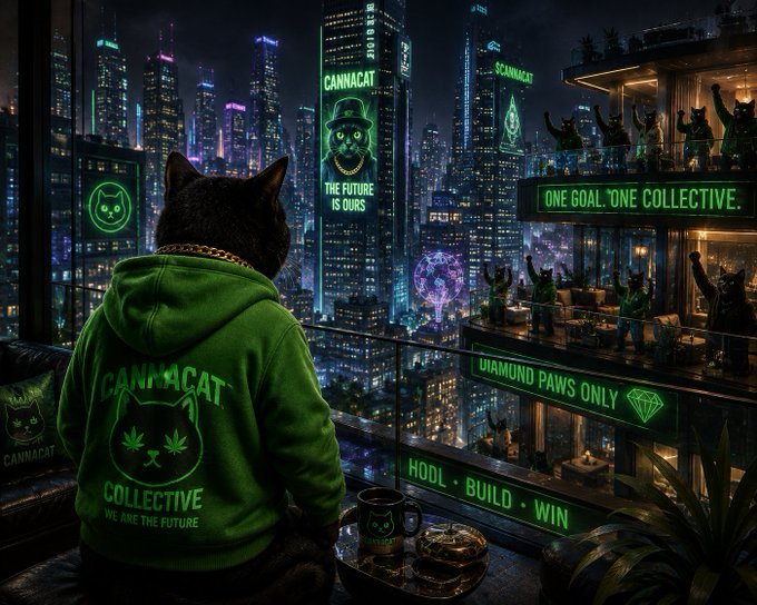 A digital artwork shows a black cat wearing a green "CANNACAT COLLECTIVE" hoodie overlooking a neon-lit cyberpunk cityscape, with building holograms displaying "THE FUTURE IS OURS" and "DIAMOND PAWS ONLY," and other hooded cats gathered on balconies.