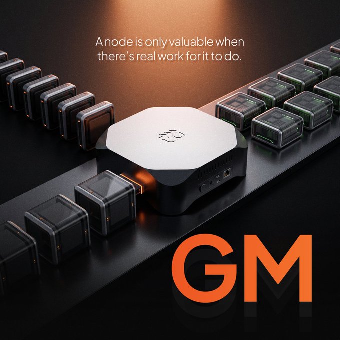 An advertisement featuring a black Apple device surrounded by translucent computer nodes, with the tagline "A node is only valuable when there's real work for it to do" and large orange letters "GM".