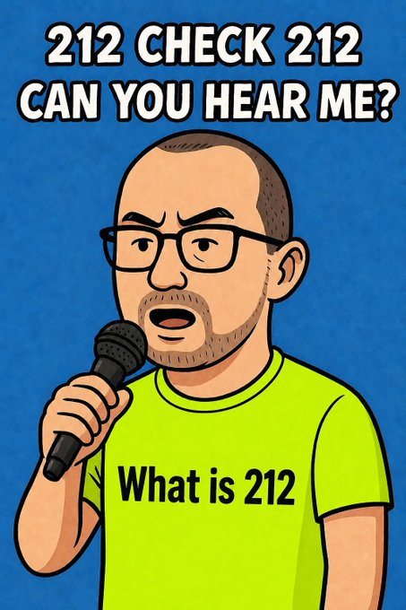 A cartoon illustration of a bald man with glasses holding a microphone, wearing a neon green 'What is 212' shirt, with text reading '212 CHECK 212 CAN YOU HEAR ME?'
