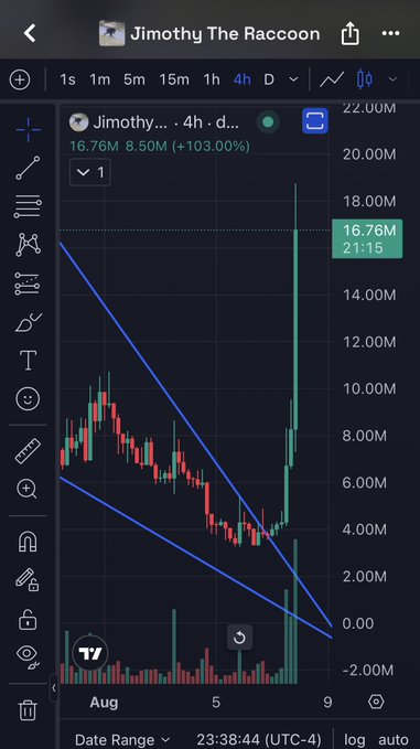 A candlestick chart on TradingView displays the "Jimothy The Raccoon" ($JIMOTHY) token on a 4-hour timeframe, showing a massive price spike of +103.00% to a high of 16.76M at 21:15 on August 9. The dramatic upward surge from a descending triangle pattern (marked by blue trendlines) visually supports the post's claim that Elon Musk's involvement sent the token skyrocketing.