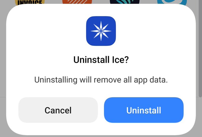 An Android system dialog confirming the uninstallation of the "Ice" app, warning that "Uninstalling will remove all app data," with Cancel and Uninstall buttons. This reflects the post's sentiment of farewelling the ICE app, which the user previously profited from before it was shut down.