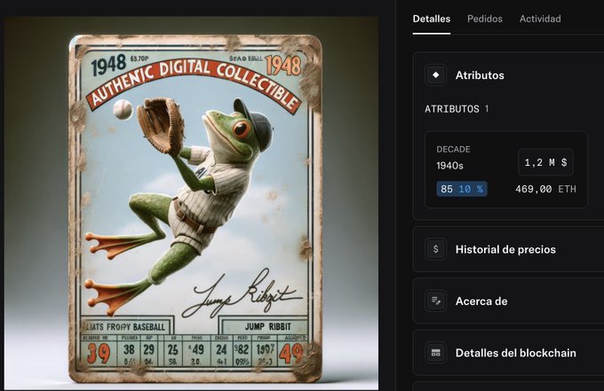 A digital collectible card titled '1948 AUTHENTIC DIGITAL COLLECTIBLE' featuring a frog in a baseball uniform catching a ball, listed at 469.00 ETH with attributes showing the 1940s decade and 85.10% rarity.