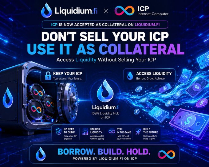 The image features a poster for Liquidum that promotes the use of cryptocurrency as a means to access liquidity without having to sell one's ICP (Internet Computer). The poster includes an illustration of a safe, which symbolizes the concept of keeping your ICP in the same way you would keep your money in a bank. The poster also highlights the benefits of using Liquidum for accessing capital and managing risk within the cryptocurrency ecosystem.