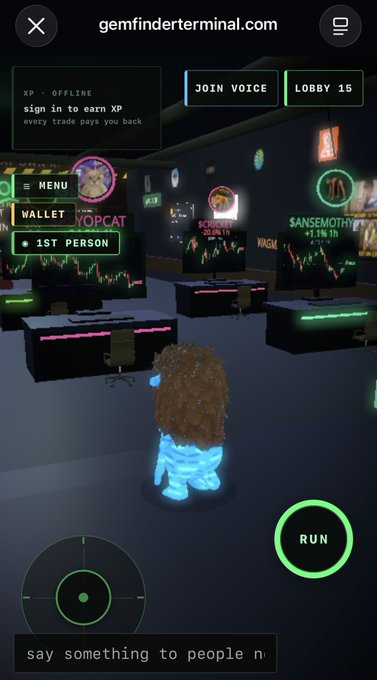 A first-person view inside the "gemfinderterminal.com" virtual crypto trading lounge (lobby 15), where an avatar stands before glowing monitors displaying tickers like $VOPCAT, $SCRATCH, $VASKI, and $ANSEMOTH, matching the post's reference to the "PHG trench room" where early runner tokens such as $Jimothy and $FRED were discovered.