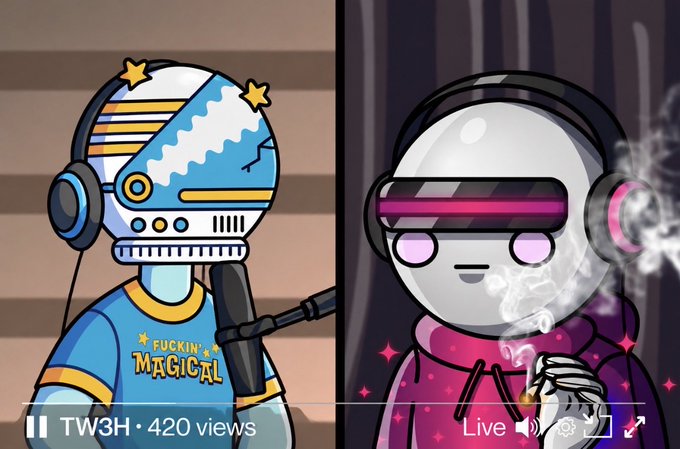 An animated split-screen showing two cartoon characters with headsets; the left character wears a blue shirt reading 'FUCKIN' MAGICAL' and holds a microphone, while the right wears a pink hoodie with a smoking cup, labeled 'Live' with 420 views.