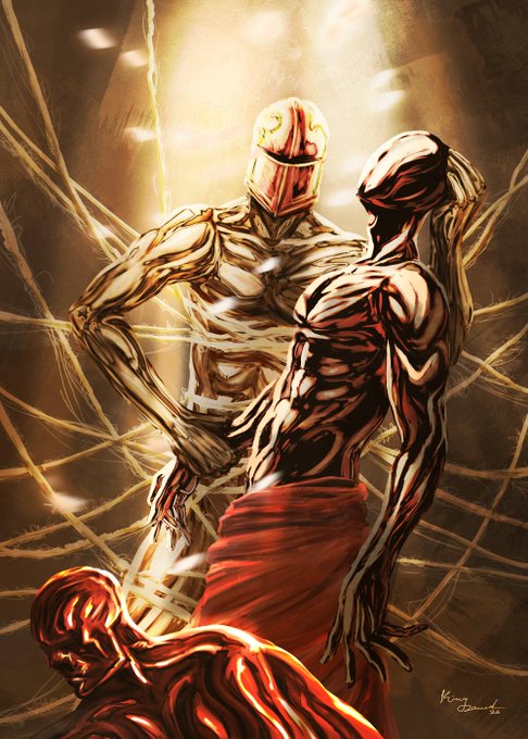 A digital artwork depicting three entangled, humanoid figures with sinewy, translucent bodies that appear to weave together in a web of golden threads, evoking themes of interconnected identity and form. The signature "King Obvious '22" is visible in the bottom right, complementing the post's title "entanglement of selves."