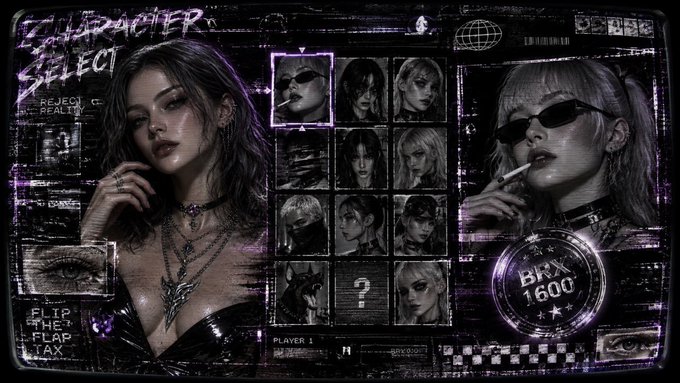 A cyberpunk-style 'CHARACTER SELECT' screen featuring stylized female characters, with one holding a cigarette and a 'BRX 1600' coin visible in the bottom right corner.