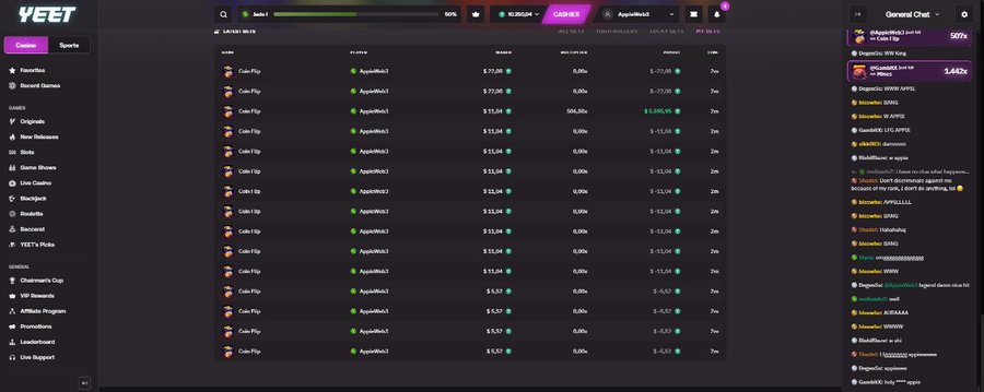 A screenshot of the YEET gambling platform displays a "LATEST BETS" table showing multiple coin flip wagers, all on the ApprieNick1 vs ApprieNick2 matchup, with each bet worth $27.00 and payouts of 0.00x or 5,800.00x. A "Create" button is visible in the top-left corner, while the right side shows a General Chat with users including Arcardian, wappos, Alikotto, and Legendary, fitting the context of a coinflip gambling promo where $250 will be given to 5 winners.