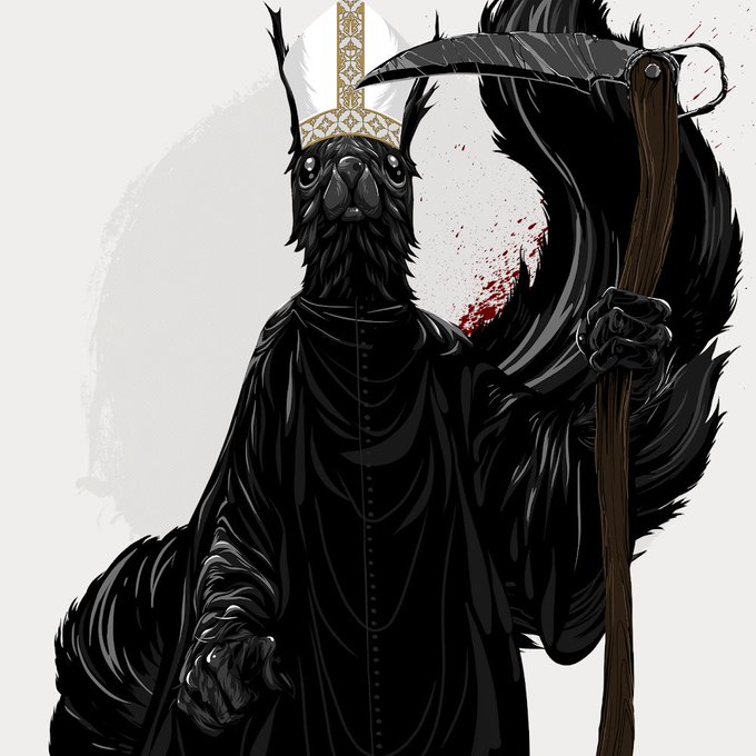 This image depicts a stylized figure that combines elements of a crow with attributes of the Grim Reaper, featuring an ornate religious headdress and wielding a scythe, suggestive of death. The accompanying text that "the algo now likes JPEGs" might be a playful nod to digital image preferences or a comment on the filename extension of the image, which is a JPEG, despite the artwork's complexity and detail.