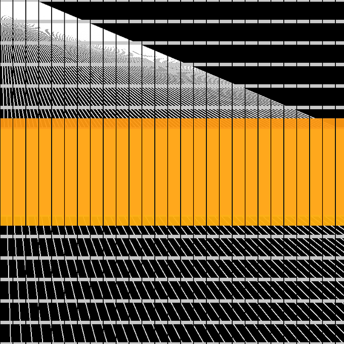An abstract geometric composition features bold black and white diagonal lines and hatching patterns, with a striking horizontal band of solid orange in the center.
