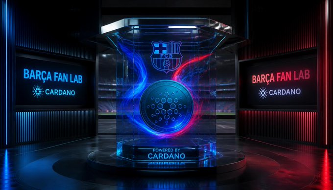 Futuristic display featuring the FC Barcelona logo inside a glass case with 'POWERED BY CARDANO' text, flanked by 'BARÇA FAN LAB CARDANO' neon signs.