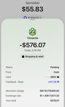 A Plasma wallet screenshot showing a successful payment of -$576.07 (IDR 10,178,905) to Tokopedia at 2:30 PM, funded by a $577.28 cashback-base card with $17.28 cashback earned, demonstrating a USDC-to-IDR transaction via the Tokopedia shopping platform.