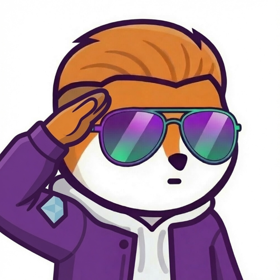 A digital illustration of an orange and white cartoon dog wearing a purple jacket and iridescent sunglasses, saluting.