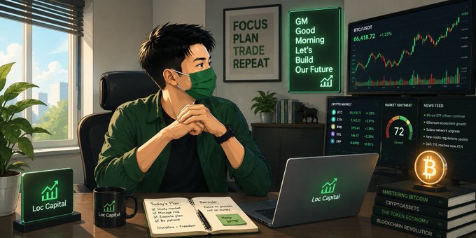 A young trader wearing a green face mask sits at a desk with a laptop displaying "Loc Capital" branding, alongside BTC-USD charts at 66,418.72 (+1.25%) and a dashboard showing a 72 market sentiment score. The scene captures the "GM Good Morning Let's Build Our Future" motivational poster, reinforcing the post's theme of builders seizing daily opportunities in crypto markets, with "Mastering Bitcoin," "Cryptoassets," and "Blockchain Revolution" books stacked nearby to emphasize the educational grind behind successful trading.