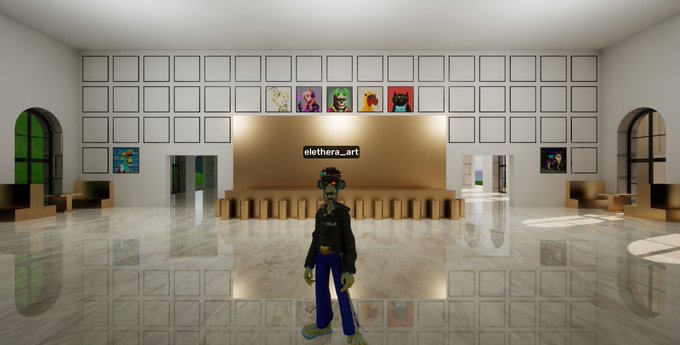 A 3D-rendered gallery interior called 'elethera.art' featuring a stylized ape-like character standing in the center with artwork displayed on the walls.