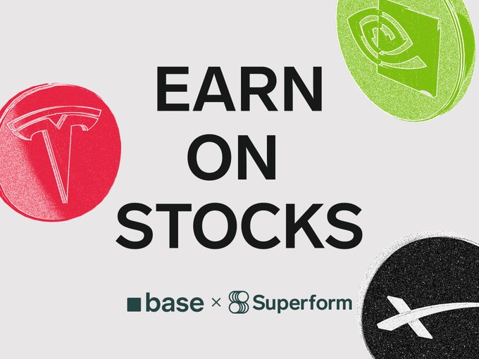 The image is a promotional graphic for "Earn on Stocks" featuring the Base and Superform logos, alongside illustrations of tokenized stock tokens including a red Tesla token, a green Coinbase token, and a black XRP token. It visually supports the announcement of a pre-deposit campaign offering up to 100% APY on tokenized NVIDIA ($NVDA) stock through SuperVaults on Base.