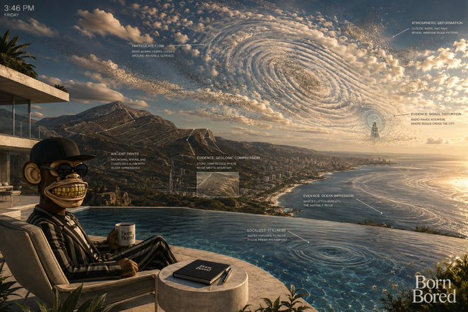 A surreal, meme-style image features a figure in a striped suit and grinning mask lounging by an infinity pool overlooking a coastal city, with a massive spiral galaxy filling the sky—annotated with labels like "ATMOSPHERIC DEFORMATION," "ANCIENT RUINS," "EVIDENCE: SEISMIC DISTORTION," and "LOCALISED TIME WARP"—and the phrase "Born Bored" appears in the corner at 3:46 PM Friday, visually embodying the post's laid-back yet intentionally weird, high-frequency energy about trusting the process and finding flow in Web3.