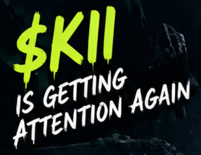 A graffiti-style graphic reading '$KII IS GETTING ATTENTION AGAIN' in green and white paint-splatter text on a dark background.