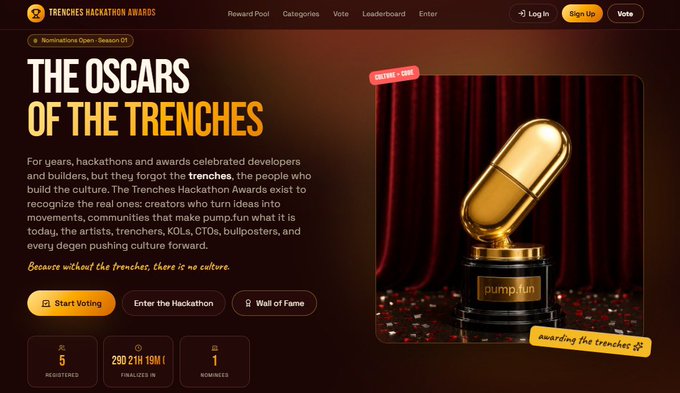 A promotional webpage for "Trenches Hackathon Awards" branded as "The Oscars of the Trenches," featuring a golden microphone trophy with "pump.fun" displayed on its base, along with live voting stats showing 280 hours, 21 minutes, 19 seconds remaining and 5 nominees. The image directly supports the post's announcement of the awards going live on Pump.fun, celebrating trenchers, KOLs, CTOs, and community builders who drive meme coin culture.