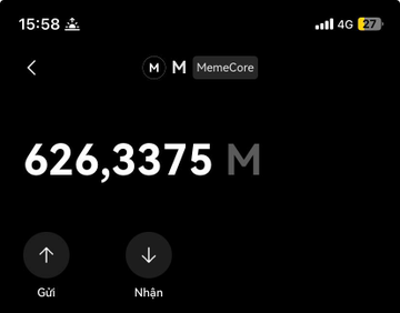 Screenshot of a MemeCore (M) crypto wallet/portfolio screen showing a balance of 626,3375 M, with Vietnamese "Gửi" (Send) and "Nhận" (Receive) buttons, illustrating the token holdings referenced in the airdrop post.