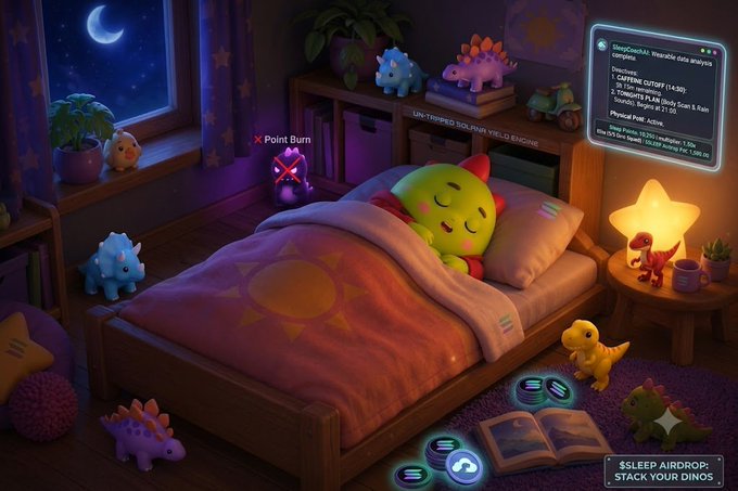 A cozy bedroom scene with a child sleeping under a star-patterned blanket, surrounded by colorful dinosaur toys, a star-shaped lamp, and a glowing data analysis display in the corner.