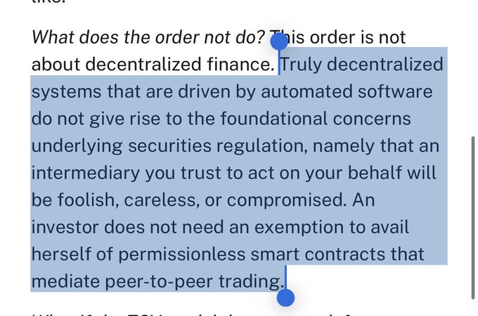 A highlighted text excerpt explaining what an order does not do regarding decentralized finance, emphasizing that permissionless smart contracts for peer-to-peer trading do not require exemptions.