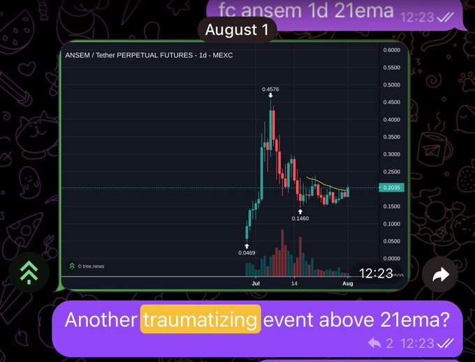 A Telegram chat screenshot from a group called "fc ansem 1d 21ema" dated August 1 shows a candlestick chart of ANSEM/Tether Perpetual Futures on MEXC, with the price peaking at 0.4576 before dropping to around 0.2035, alongside messages asking "Another traumatizing event above 21ema?"—visually illustrating the volatile price crash that followed aggressive social media shilling of the $ANSEM token.
