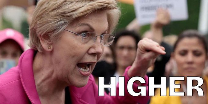 A meme image of Elizabeth Warren in a pink blazer yelling with her fist raised, overlaid with the word 'HIGHER' in white text.
