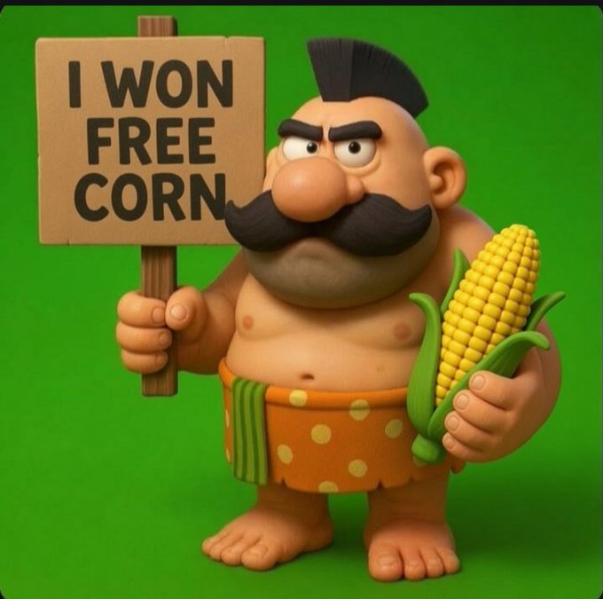 A 3D cartoon character with a black mohawk and mustache holding a sign that says 'I WON FREE CORN' along with an ear of corn against a green background.