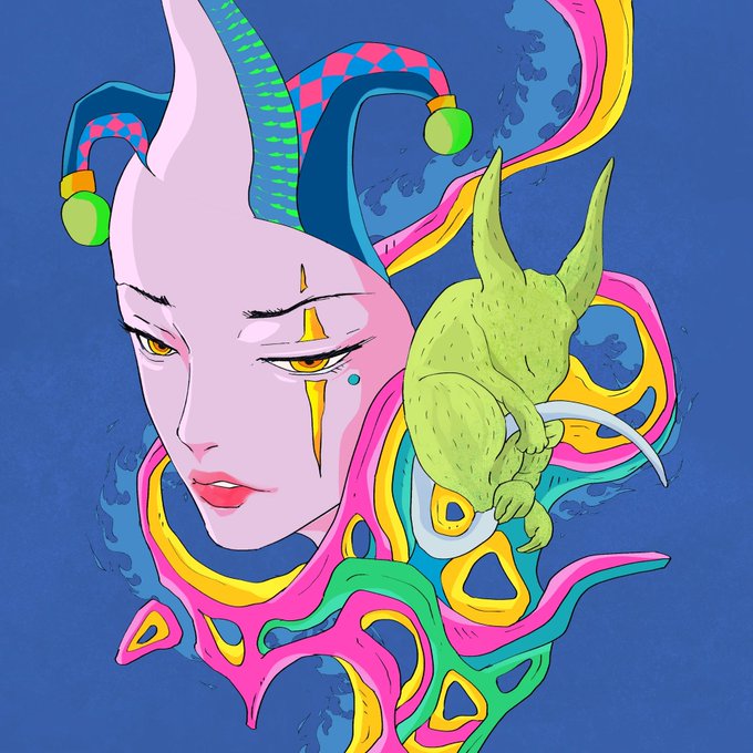 A vibrant, stylized digital illustration of a pink-skinned female figure with a jester hat, yellow eyes, and elaborate swirling colorful hair, accompanied by a small green creature.