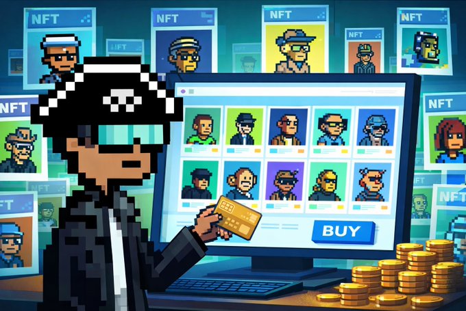 The main focus of the image is a computer monitor displaying an NFT (Non-Fungible token) collector's guide or dashboard, which shows multiple images representing different NFT collectors. One person wearing a pirate hat appears to be holding a gold card that says "buy." The background of the image has several other people and logos associated with the NFT market, indicating it is an online marketplace for NFTs (Non-Fungible tokens). It seems like there's a focus on the uniqueness and randomness aspect of NFT collections as well as the different NFT collectors.