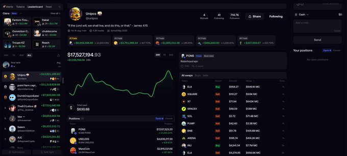 A screenshot of a cryptocurrency portfolio interface showing total holdings of $17,527,194.93 with a balance chart and a watchlist including GLA, SQUARE, AT, SPACEX, SOL, PUMP, SHIB, ARENA, INJ, and DLA.