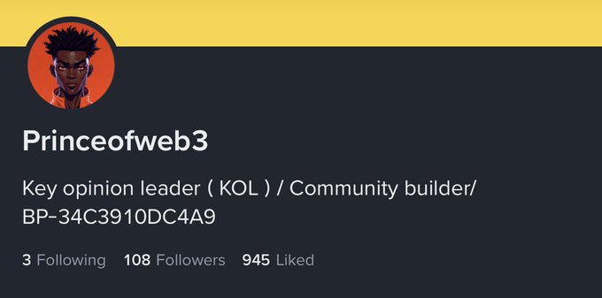 The image shows a profile card for "Princeofweb3," described as a Key Opinion Leader (KOL) and Community builder with BP-34C3910DC4A9, having 3 Following, 108 Followers, and 945 Likes. The accompanying post promotes a Binance referral program offering $20 in $BNB rewards, with the profile likely being shared as the referral source for viewers to claim the bonus.