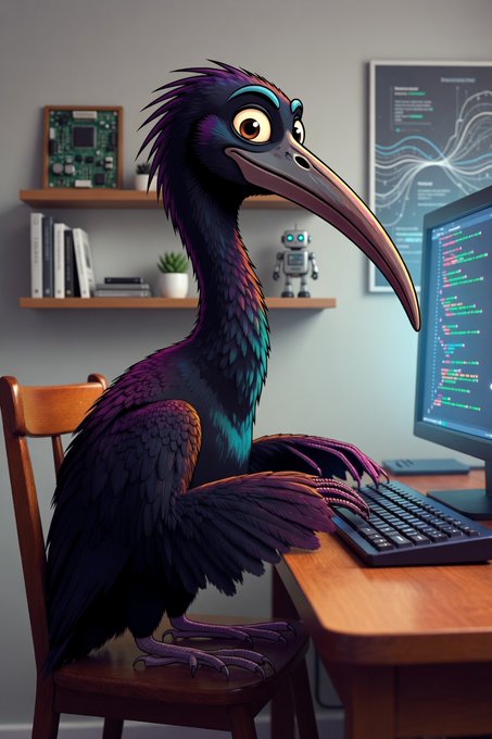 A stylized cartoon ibis with iridescent purple and teal plumage sits at a desk typing on a keyboard, surrounded by tech elements like a circuit board, a small robot, and a monitor displaying colorful code. The image whimsically personifies the "Ibis" wallet, tying into the post's announcement of a security audit by the Bitcoin Red Team, with the programming scene symbolizing the technical review process.