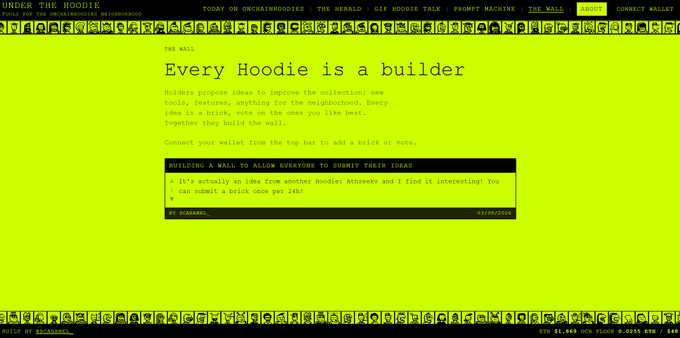 Screenshot of a 'The Wall' page on a site called 'Under the Hoodie' with the heading 'Every Hoodie is a builder' and a description about building a collection to improve tools.