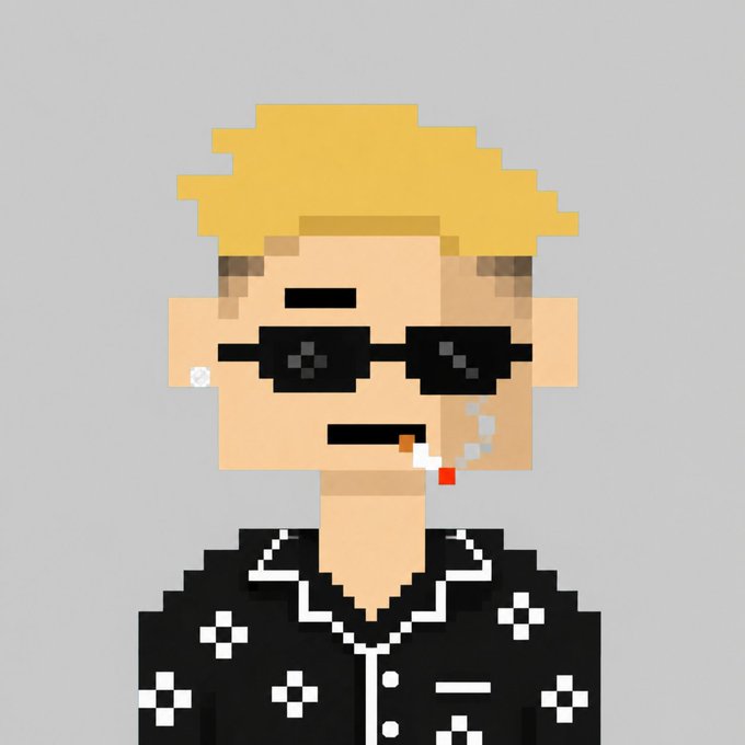 Pixel art style portrait of a blonde-haired man wearing dark sunglasses and a black patterned shirt, smoking a cigarette.