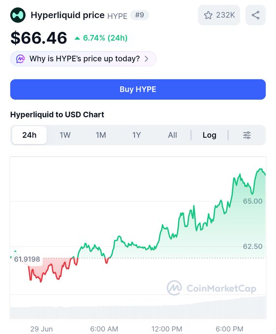 A CoinMarketCap chart displays Hyperliquid (HYPE) trading at $66.46, up 6.74% in 24 hours, with the price climbing from $61.92 toward $65.00 over the trading day. The image illustrates the bullish momentum referenced in the "$Hype" post, highlighting HYPE's notable upward price movement.