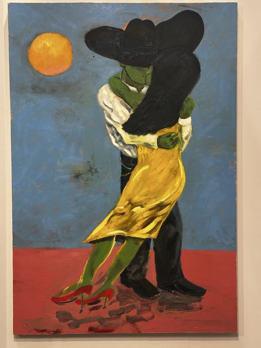 An expressionist painting depicting a green-skinned couple dancing under an orange moon, with the woman in a yellow dress.