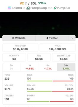 A cryptocurrency dashboard displaying token statistics for 'VC' on Solana, showing a market cap of $6.6K, liquidity of $3, and a 24H change of 3.45%.