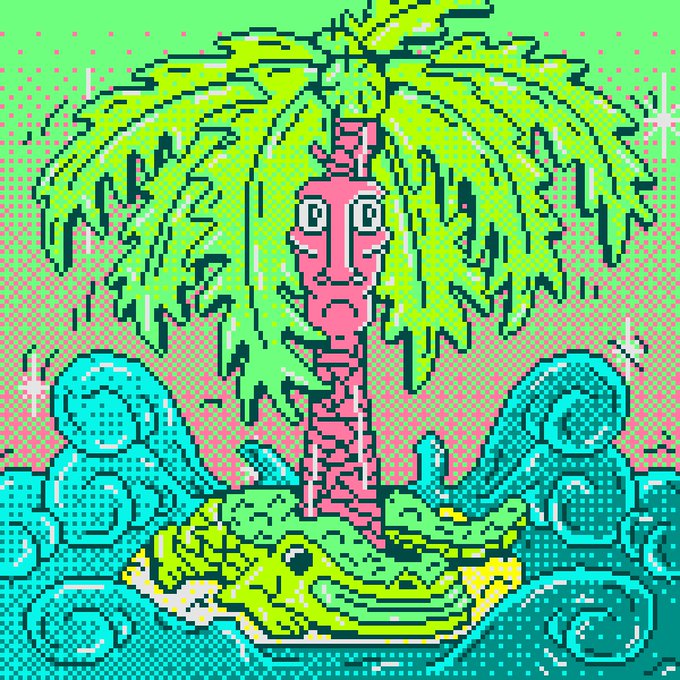The image features a cartoon-style illustration of a palm tree with a face, situated in the center of an island surrounded by water. The island has a small body of water surrounding it, creating a tropical atmosphere. The background of the image is a gradient of colors transitioning from green to blue and pink, adding depth and dimension to the scene. The post includes text that reads "I have just collected Florida Palm" by @tornado_ilus on @objktcom #proofofpalm #proofofpalm2026".