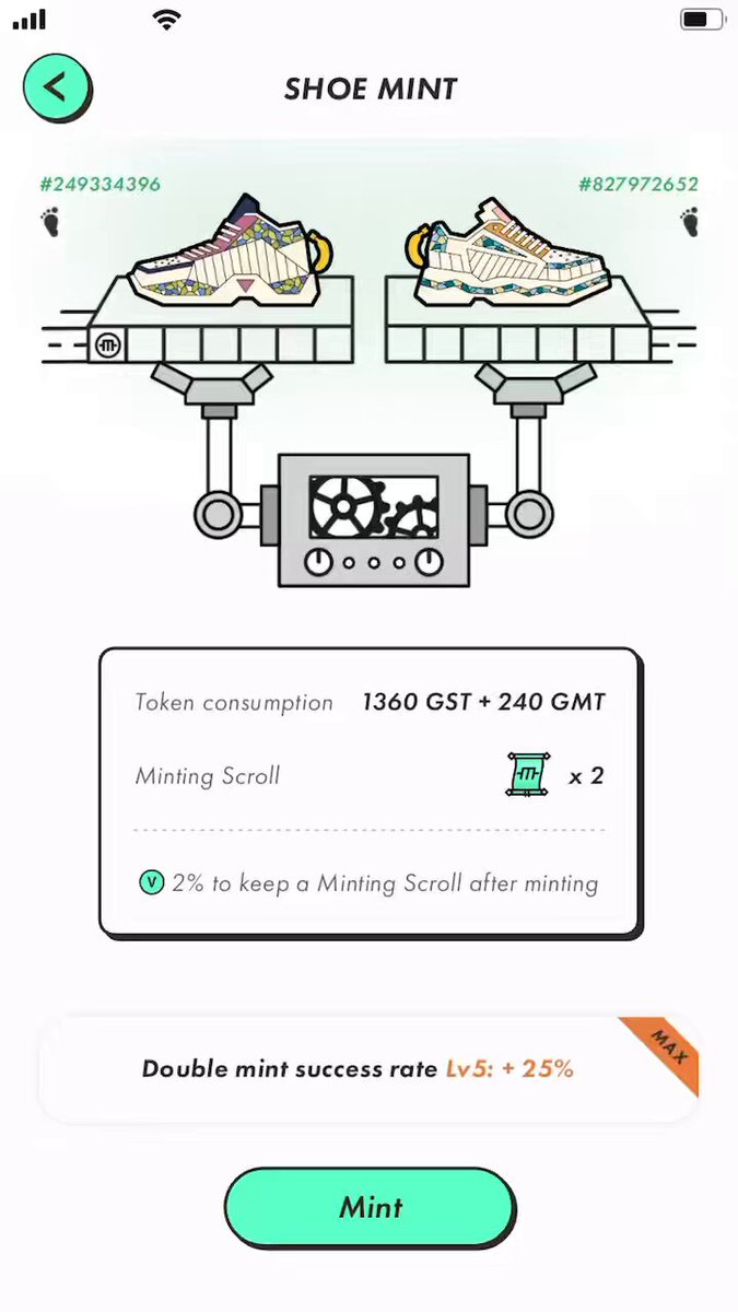 The image shows a white phone screen displaying an app called "Shoe Mint", which allows users to track their shoe purchases, including the cost of each pair of shoes purchased. The app also provides information about the shoe minting process and offers tips on how to maximize the success rate for double-minting.