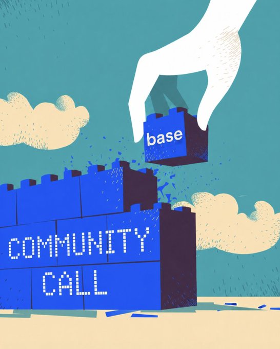 An illustration shows a hand placing a blue Lego-like block labeled 'base' on top of a structure made of similar blocks that reads 'COMMUNITY CALL'.
