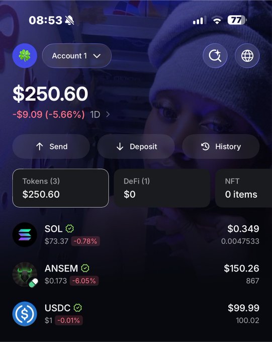 The image shows a crypto wallet with $250.60, including a $150.26 memecoin. This highlights PBs tweet, celebrating a $150 win from a memecoin, likely inspired by Ansem, a popular crypto influencer.