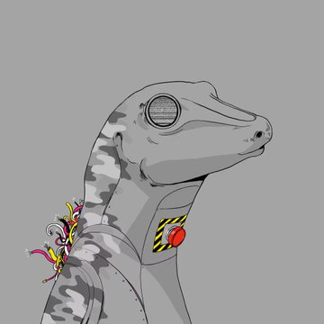 A grayscale drawing shows a reptilian creature with a red emergency stop button and hazard stripes, with colorful wires protruding from its neck.