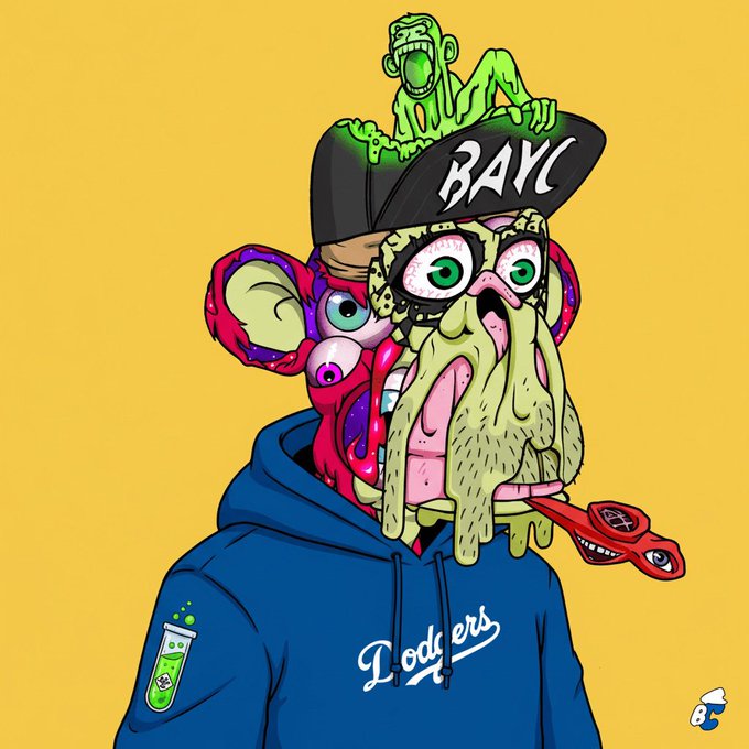 A surreal Bored Ape Yacht Club-style character with bulging eyes and a green monkey atop a black cap marked “BAYC,” wearing a blue Dodgers hoodie against a yellow background.
