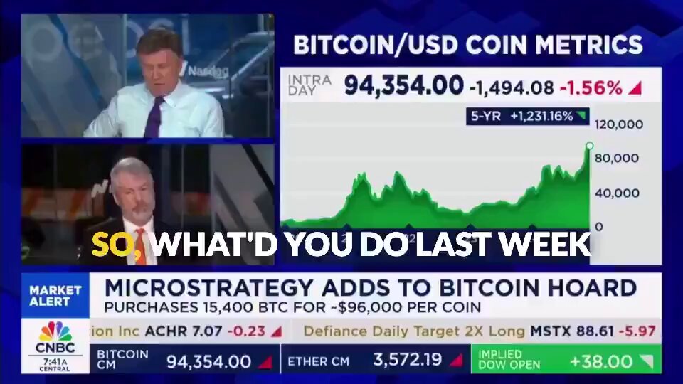 The image shows a news screen with two men talking about Bitcoin and its impact on the stock market. The first man is wearing a suit, while the second man has a tie. They are discussing the current state of Bitcoin and its effect on the stock market. The background of the image features a blue and white color scheme, which complements the content displayed on the screen.
