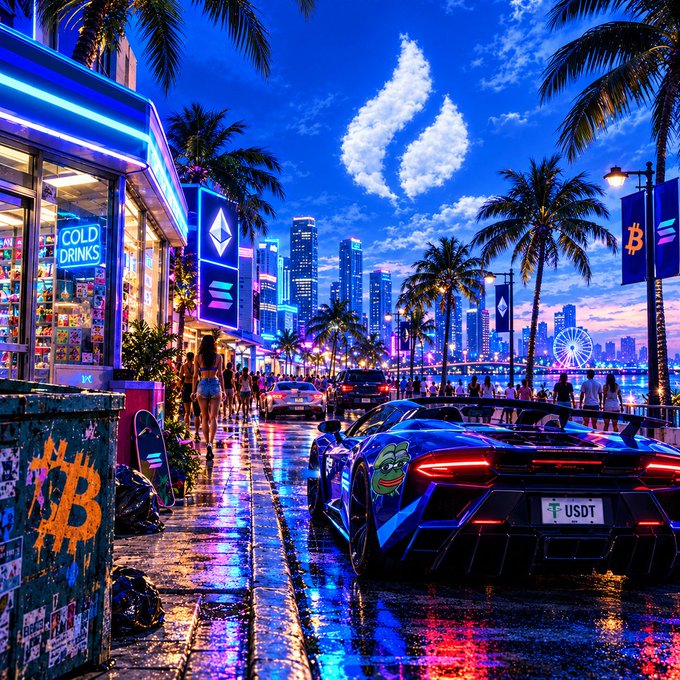 A vibrant neon-lit city street scene featuring a sleek sports car with a "USDT" license plate, Bitcoin banners and a graffiti Bitcoin symbol on a nearby utility box, with the Ethereum logo also visible on storefront signage—all set against a skyline backdrop as the image playfully hides crypto logos for viewers to spot.