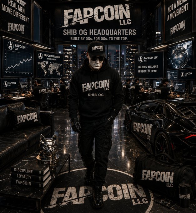 A hooded figure in a "FAPCOIN LLC" hoodie and cap stands in a sleek, dark "SHIB OG Headquarters" themed room featuring multiple monitors displaying "FAPCOIN LLC" charts and "HOLDERS: MILLIONS, MISSION: BILLIONS" text, with a luxury car and branded gear surrounding him. The image visually reinforces the post's bullish promotion of the $FAPCOIN token, presenting a stylized "headquarters" scene to hype the 5x gain and encourage further investment.