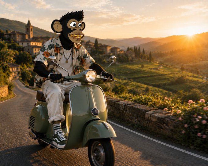 A surreal scene of a character with a monkey face riding a green Vespa scooter down a scenic countryside road at sunset.